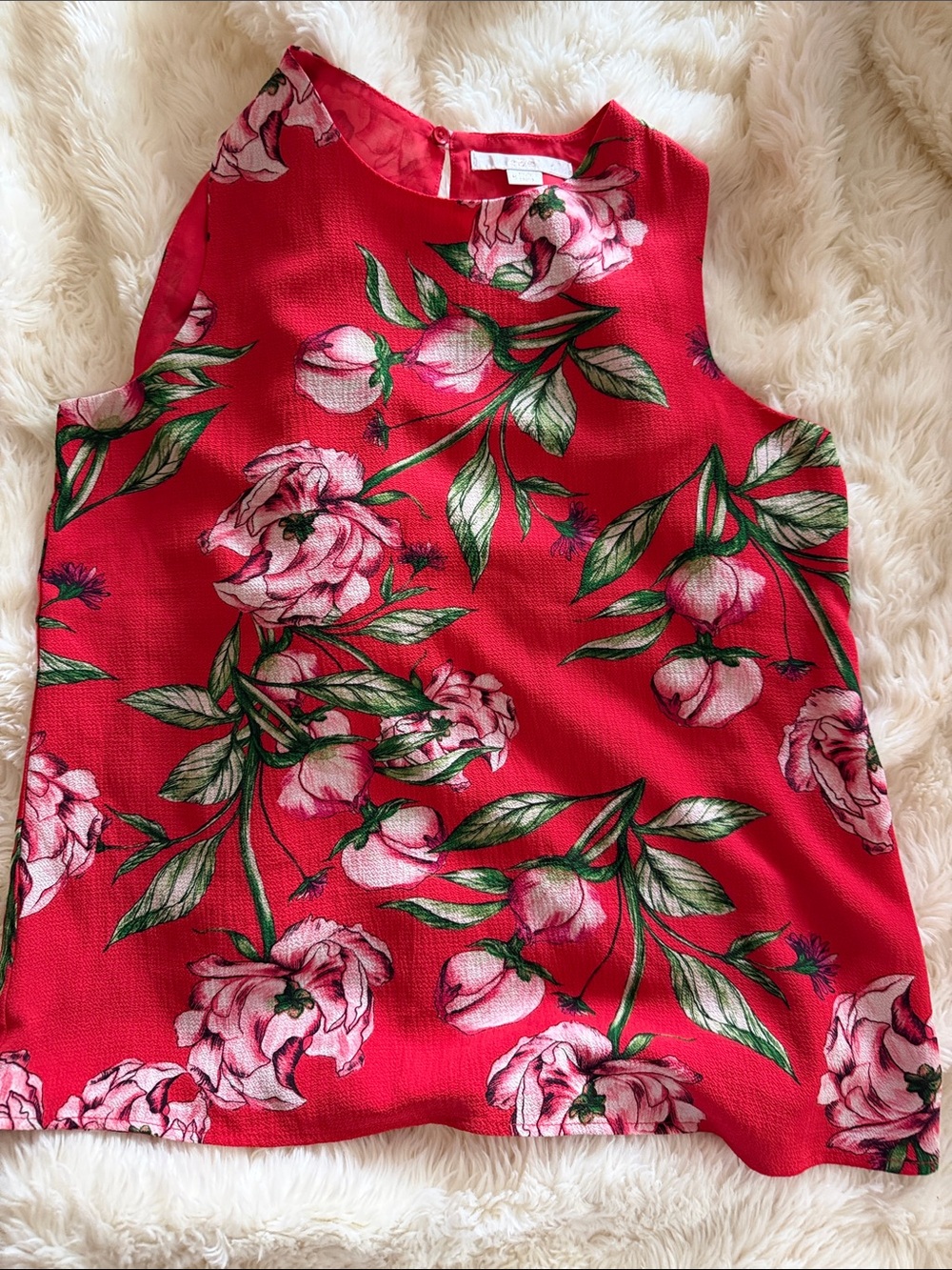 Red Floral Sleeveless Blouse with Pink Bloom Print